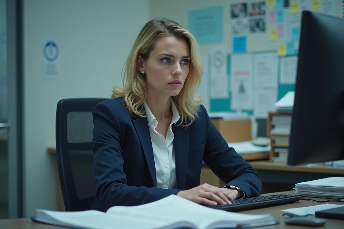 Femme médecin blonde assise à un bureau d'hôpital avec des dossiers médicaux, illustrant l'évolution professionnelle et émotionnelle du personnage Dr Cameron