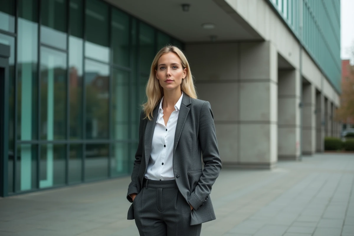 Femme médecin blonde en tenue professionnelle devant l'entrée d'un hôpital moderne, symbolisant la transformation et la maturité du personnage Dr Allison Cameron au fil des saisons