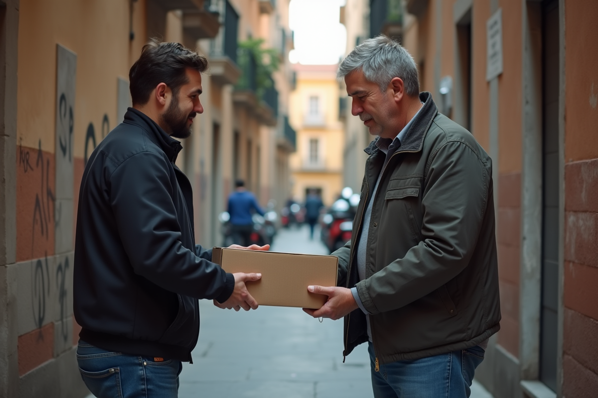 Homme espagnol passant discrètement des cartouches à un jeune homme dans une ruelle