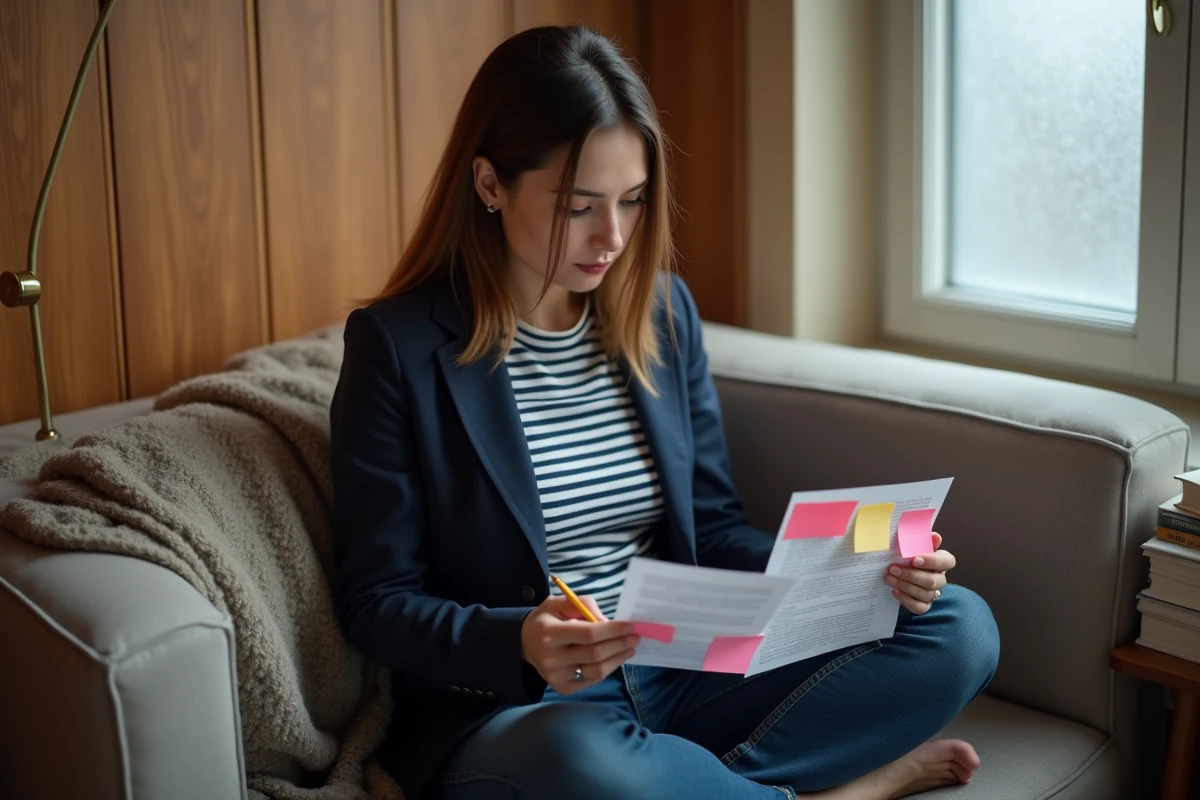 Jeune femme professionnelle révisant un document avec des notes autocollantes dans un espace de lecture chaleureux et intime