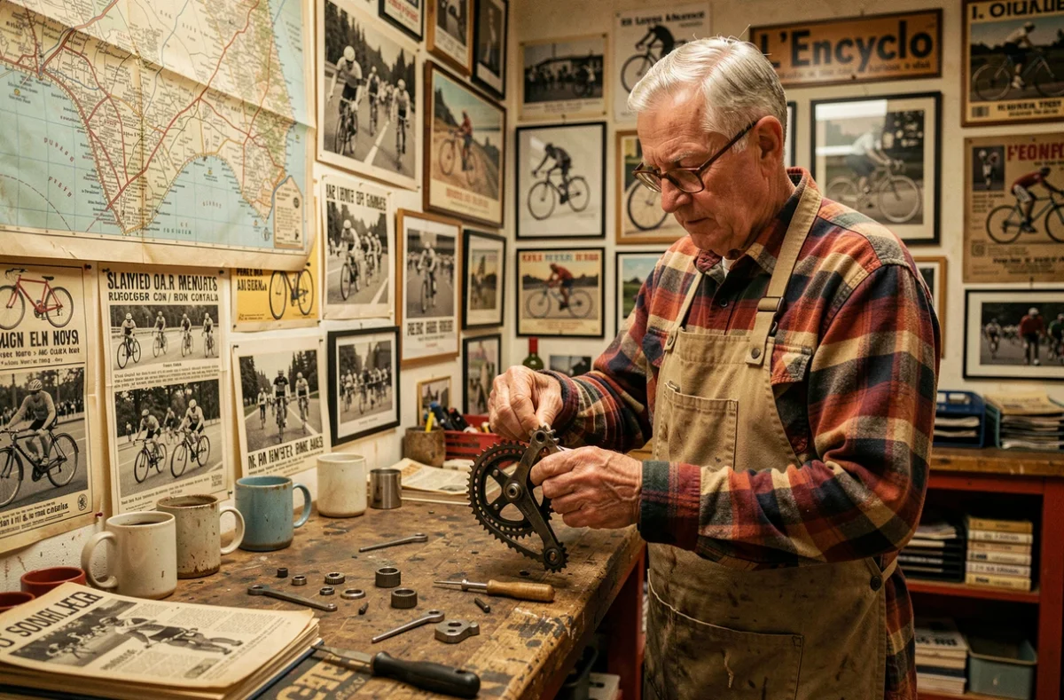 Réparateur expérimenté de L'Encyclo remontant un dérailleur vintage dans un atelier rempli de souvenirs cyclistes
