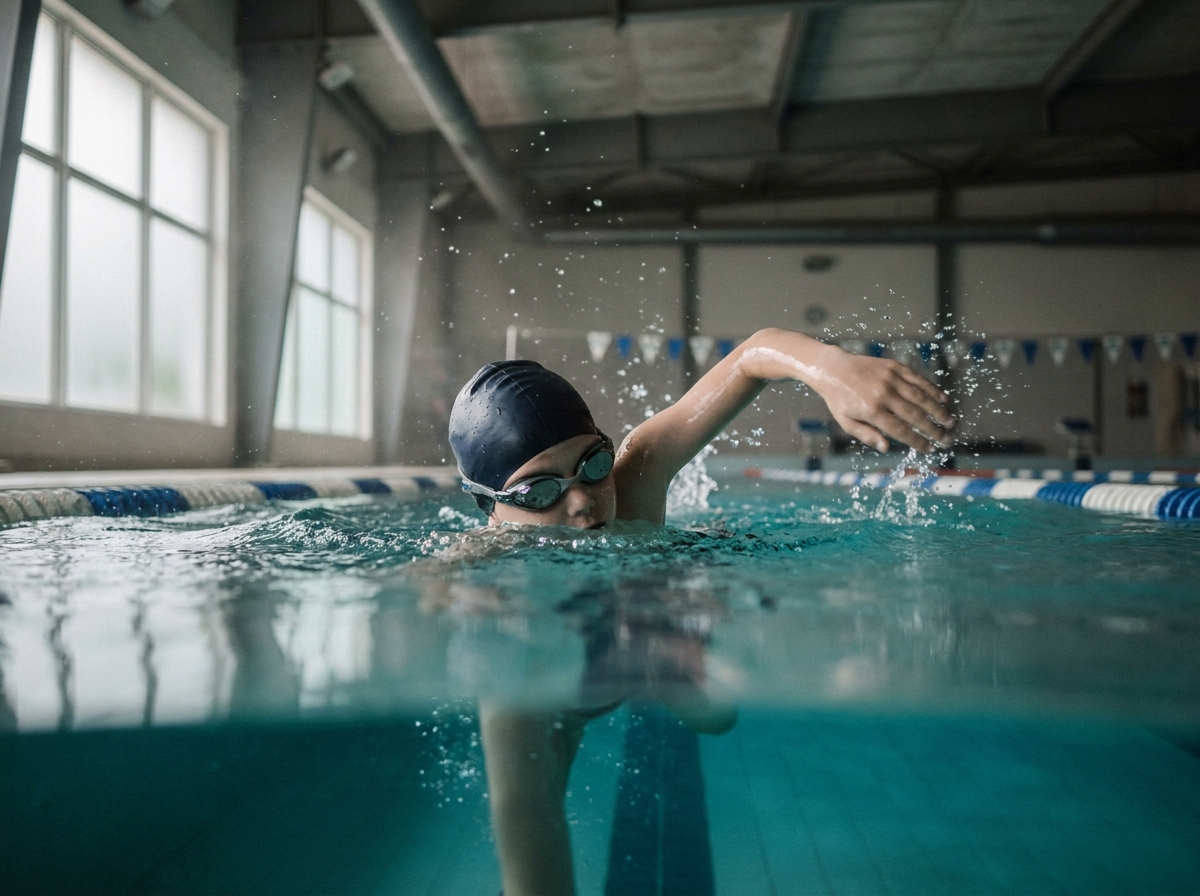 Enfant nageant le crawl lors d'un cours de natation annuel dans une piscine couverte