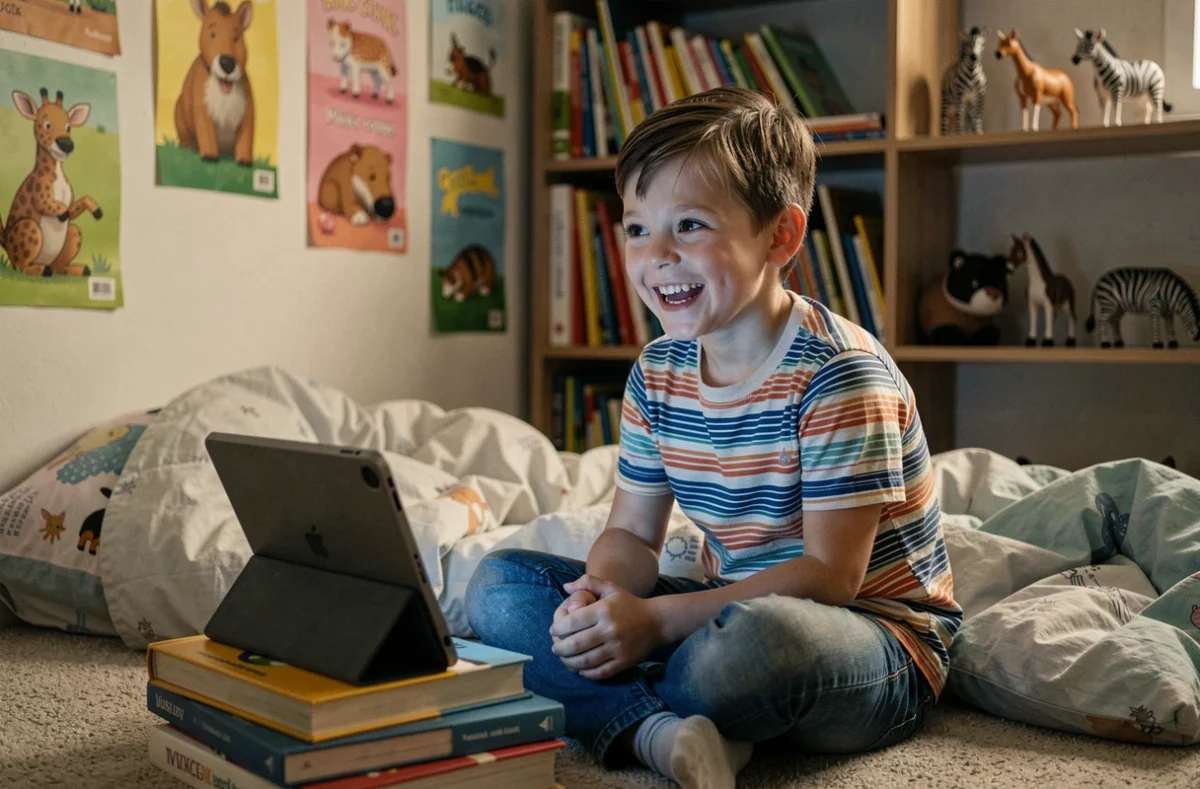 Enfant souriant regardant Madagascar sur une tablette dans sa chambre décorée d'affiches d'animaux