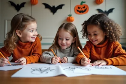 Enfants coloriant des dessins de chauves-souris d'Halloween