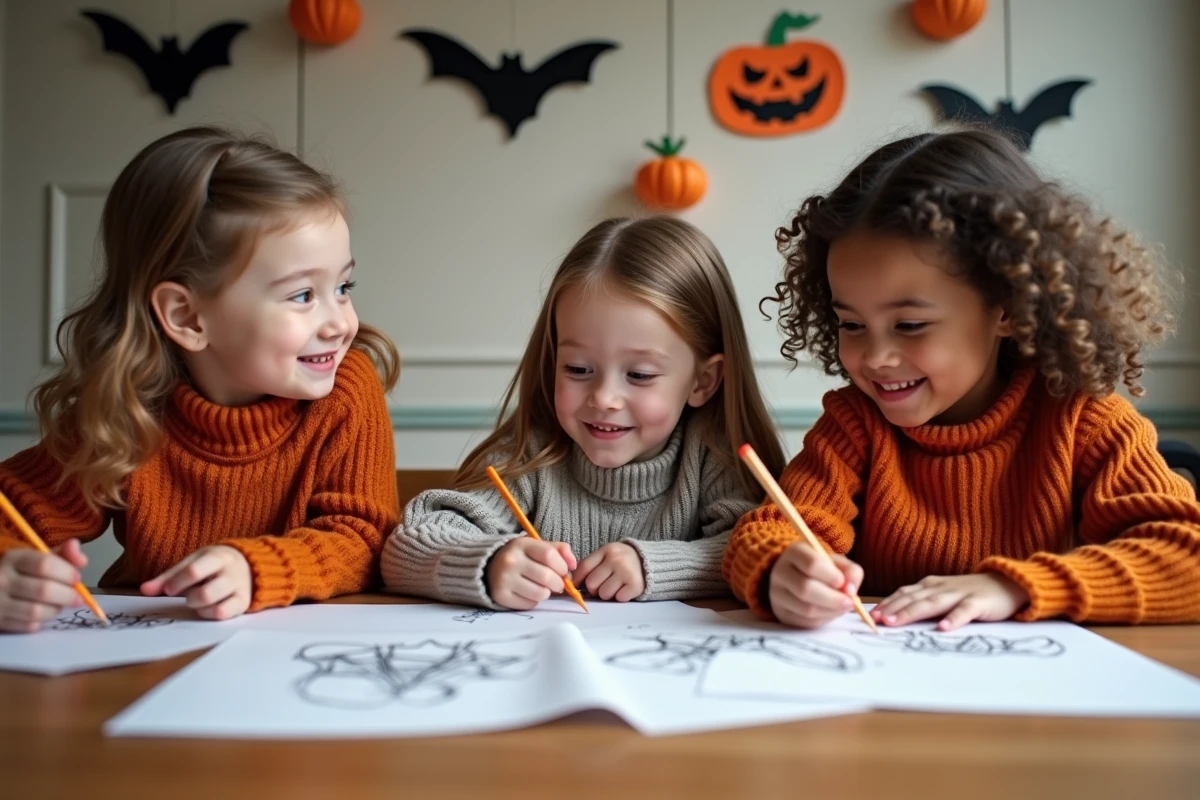 Enfants coloriant des dessins de chauves-souris d'Halloween
