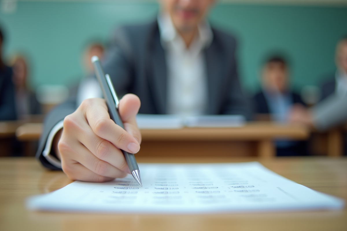 Enseignant confiant écrivant au tableau blanc avec une feuille d