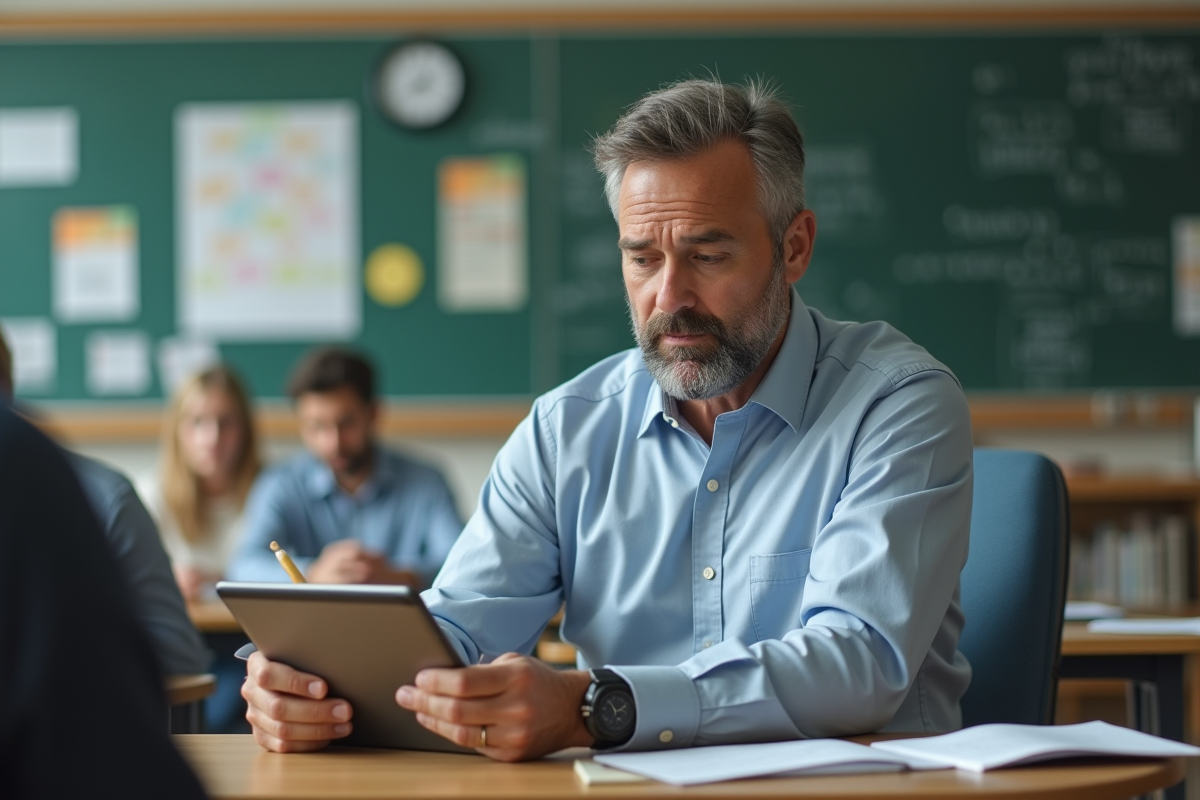 Professeur regardant un tableau numérique dans une salle de classe
