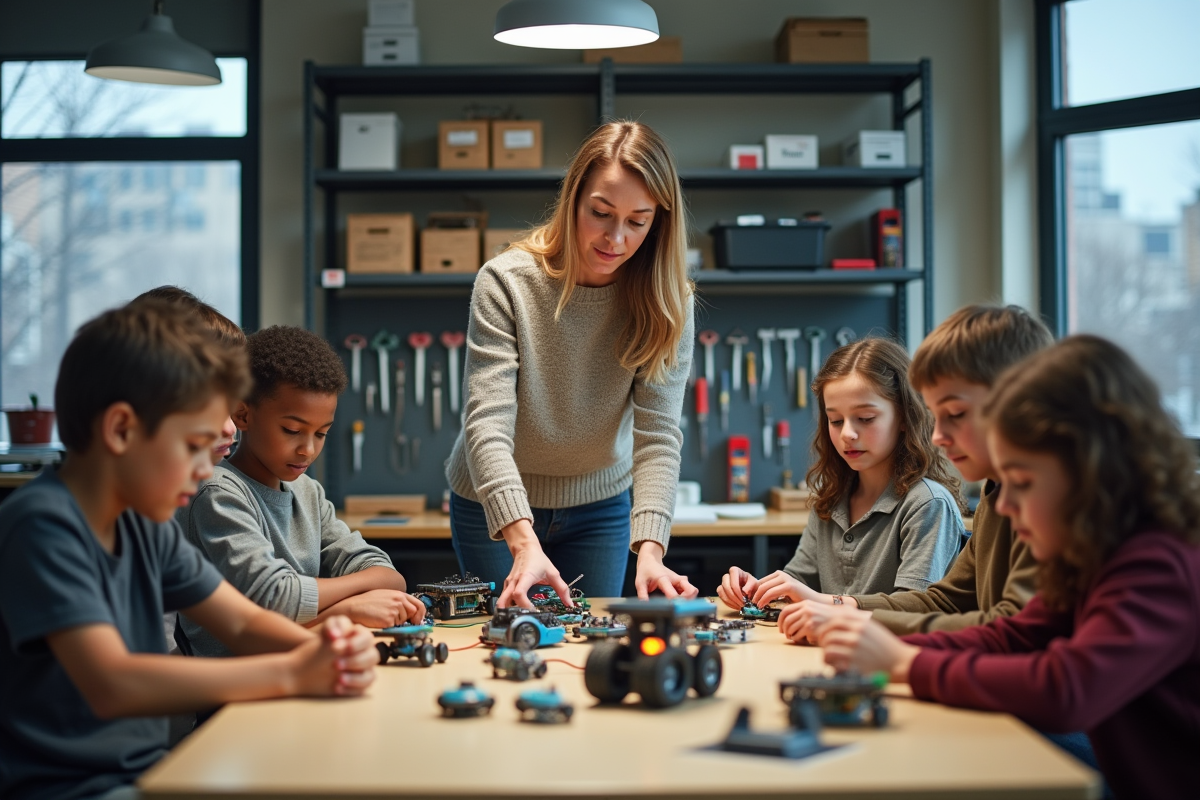 Femme guidant des enfants dans un atelier robotique