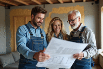 Entrepreneur en rénovation avec un couple dans un salon modern
