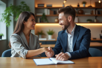 Deux professionnels d'affaires se serrant la main dans un bureau moderne