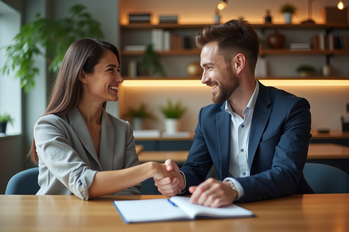 Deux professionnels d'affaires se serrant la main dans un bureau moderne