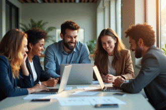 Groupe de professionnels dans un bureau moderne souriants