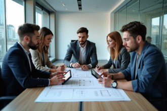 Groupe de jeunes professionnels en réunion dans un bureau moderne