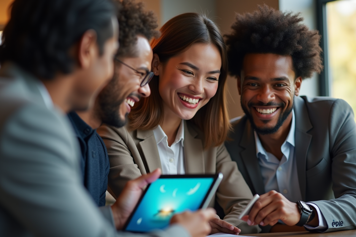 Groupe de professionnels souriants collaborant autour d