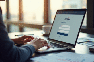 Espace de travail professionnel avec un ordinateur portable affichant la page de connexion Air France