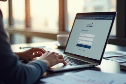 Espace de travail professionnel avec un ordinateur portable affichant la page de connexion Air France