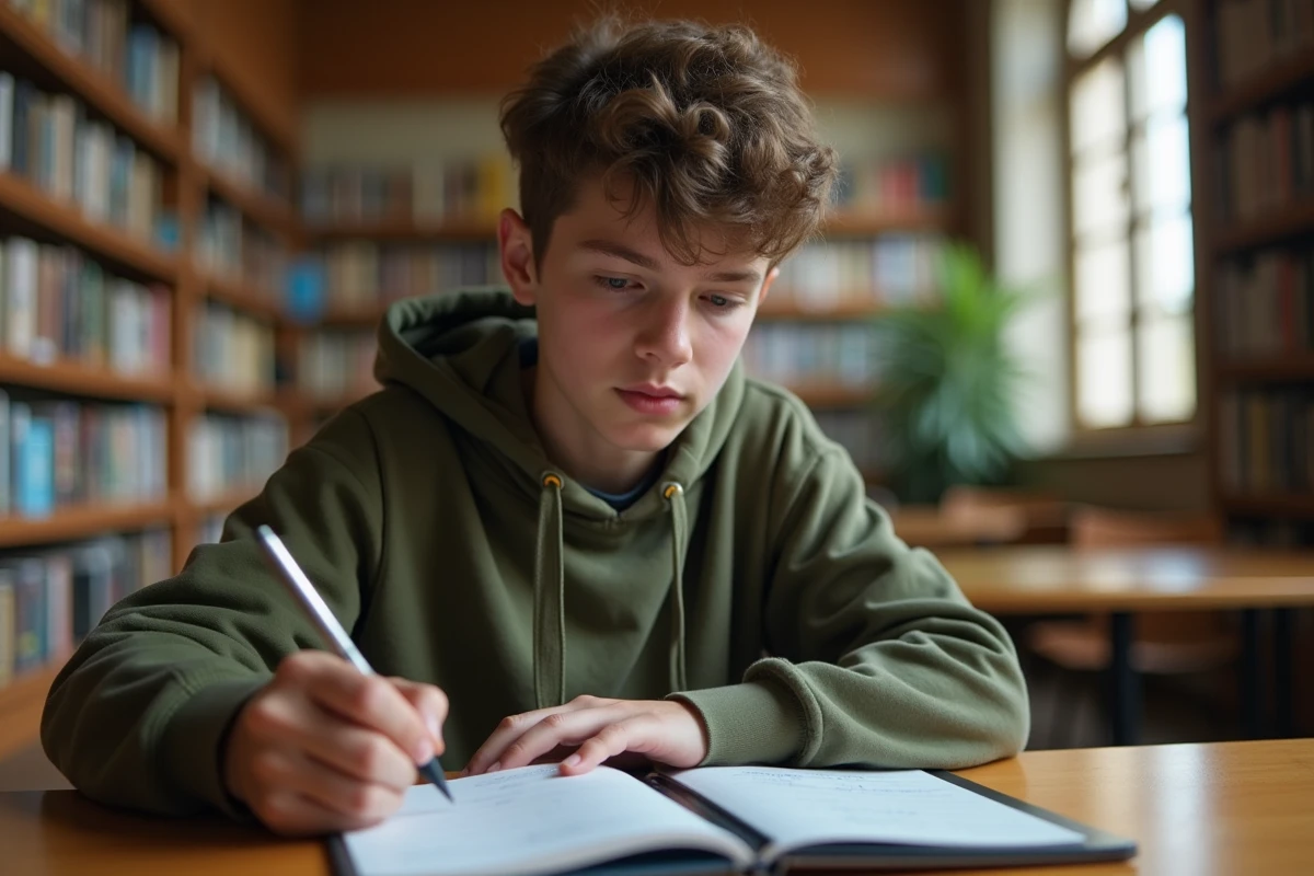 Étudiant adolescent apprenant à utiliser un outil de correction en français sur une tablette dans une bibliothèque