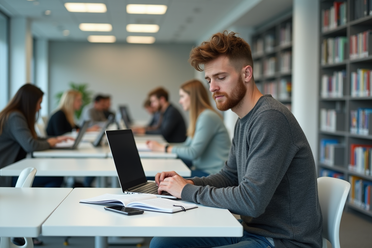 Jeune étudiant universitaire concentré sur son ordinateur dans une bibliothèque