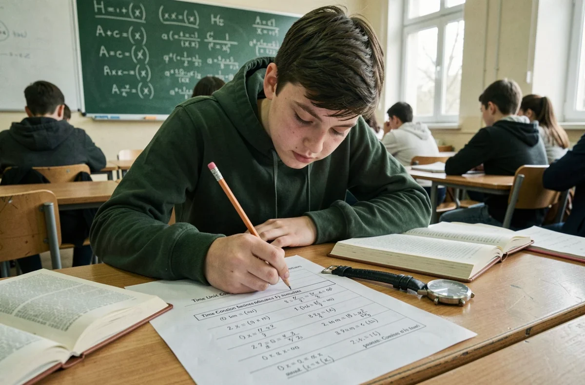 Étudiant travaillant sur une feuille de conversion minutes-heures dans une salle de classe avec tableau noir et montre mécanique posée sur le bureau