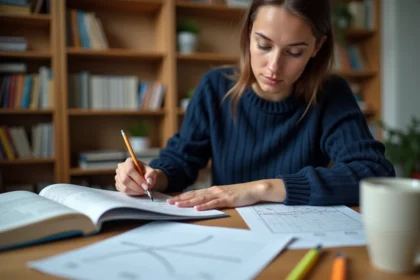Étudiante calculant une équation réduite de tangente sur du papier millimétré posé sur un bureau en bois entouré de manuels de mathématiques