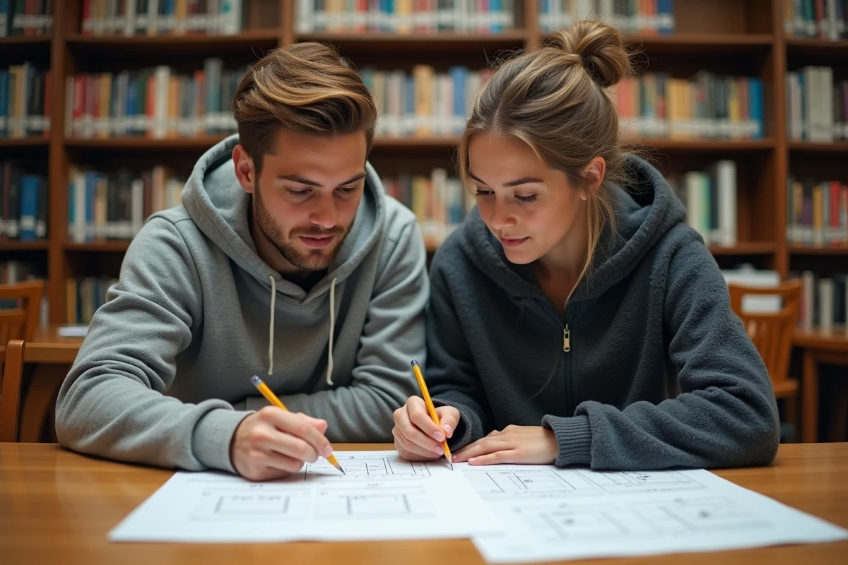 Deux étudiants résolvant des exercices de calcul longueur par largeur sur une feuille dans une bibliothèque universitaire