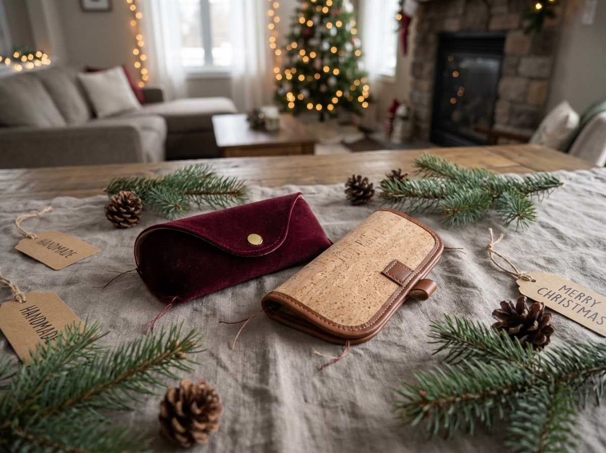 Deux étuis à lunettes faits main en velours et liège posés sur lin avec décoration de Noël artisanale