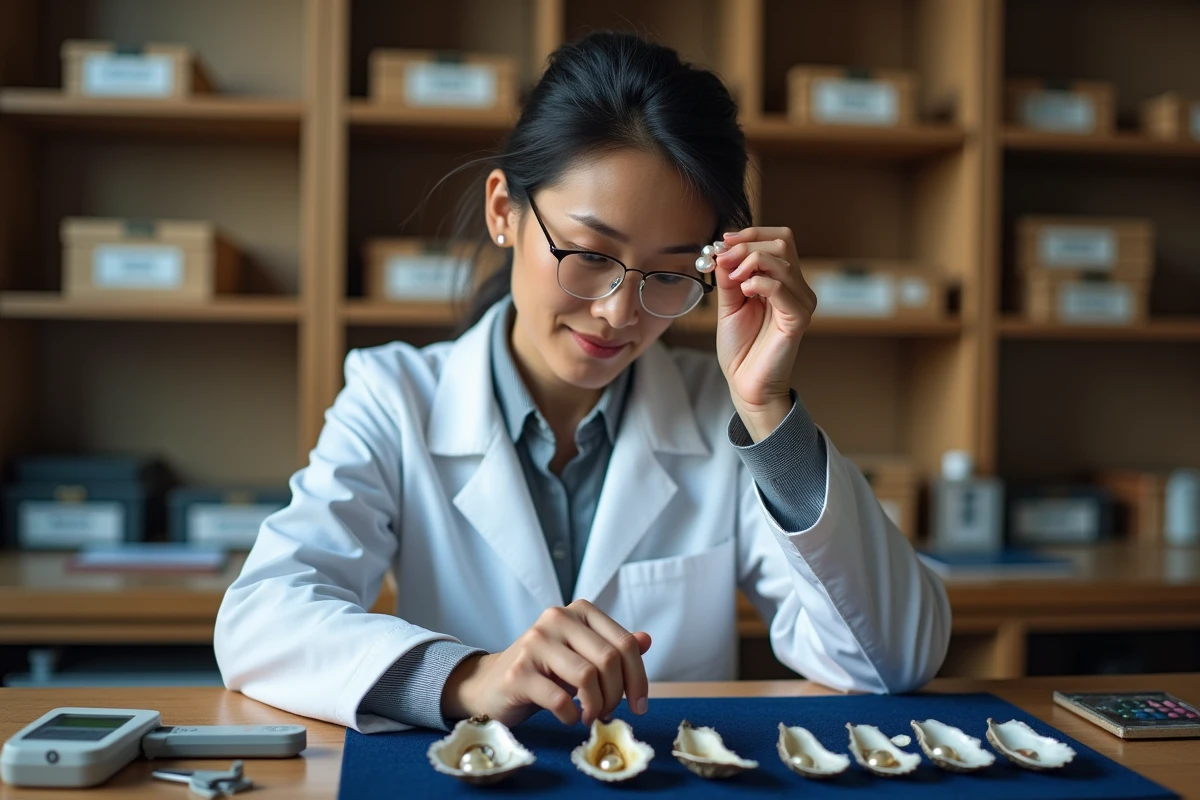 Gemmologue évaluant la valeur d'une perle d'huître avec une loupe dans un atelier professionnel