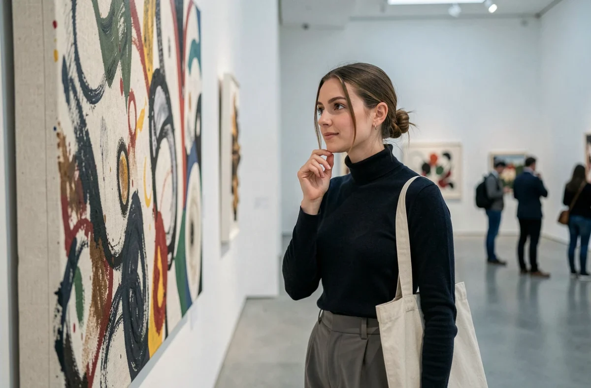 Jeune femme admirant une œuvre d'art contemporain dans un musée de Lyon pendant le week-end