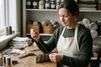 Femme cousant à la main un étui à lunettes en tissu dans un atelier de couture artisanal chaleureux pour Noël
