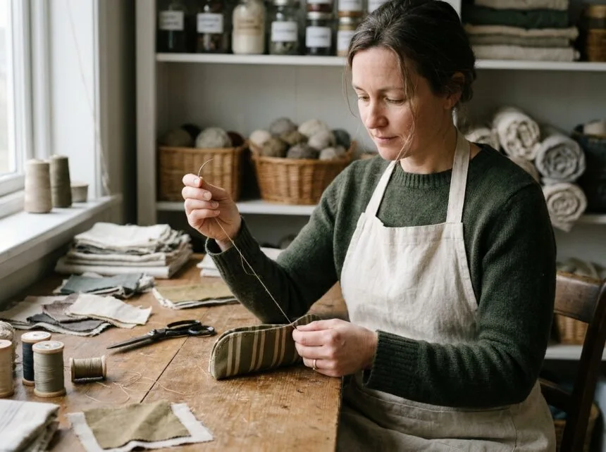 Femme cousant à la main un étui à lunettes en tissu dans un atelier de couture artisanal chaleureux pour Noël