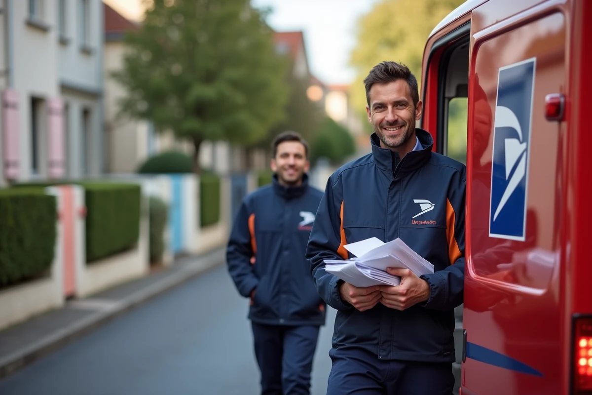 Facteur La Poste en uniforme triant des lettres près de son camion de livraison dans un quartier résidentiel