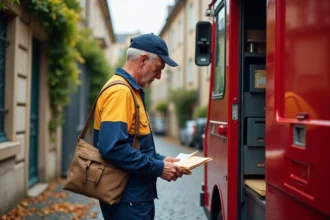 Facteur en uniforme triant le courrier près de son véhicule de La Poste dans une rue résidentielle française en automne