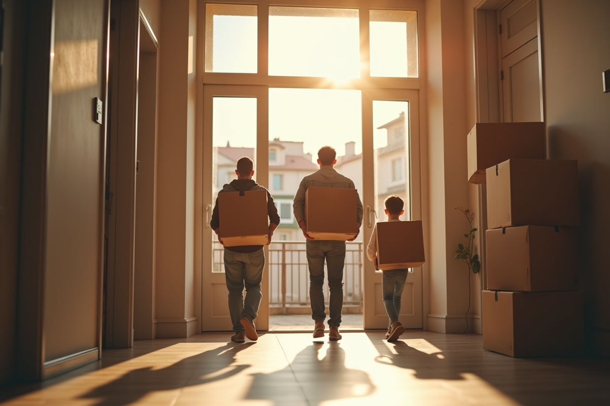Famille aidée par deux assistants lors du déménagement ensoleillé