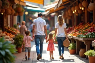 Famille de quatre se promenant dans un marché coloré à Le Barcarès