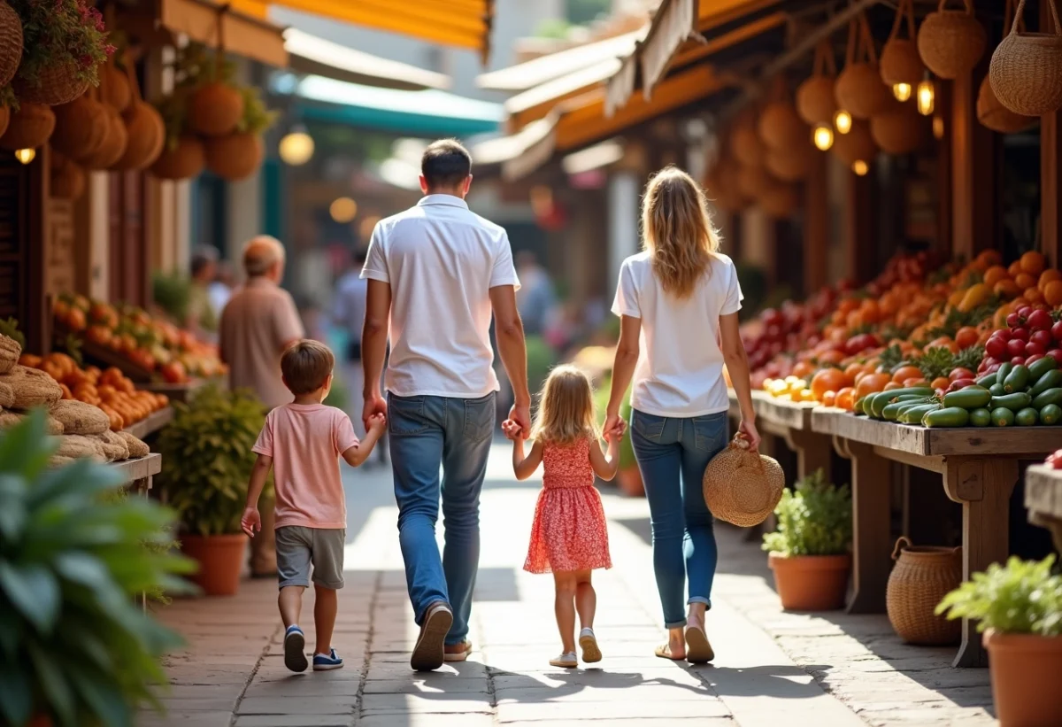 Famille de quatre se promenant dans un marché coloré à Le Barcarès