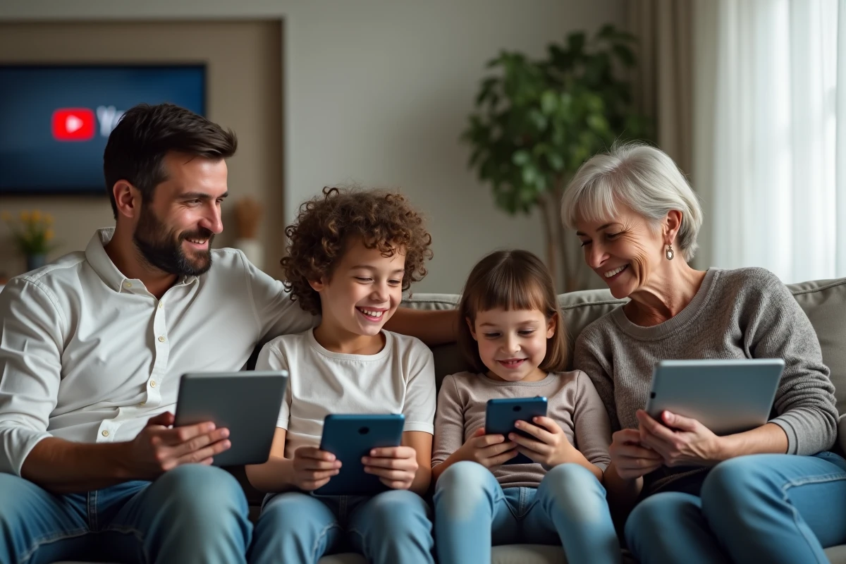 Famille multigenerations réunie avec tablettes dans un salon moderne