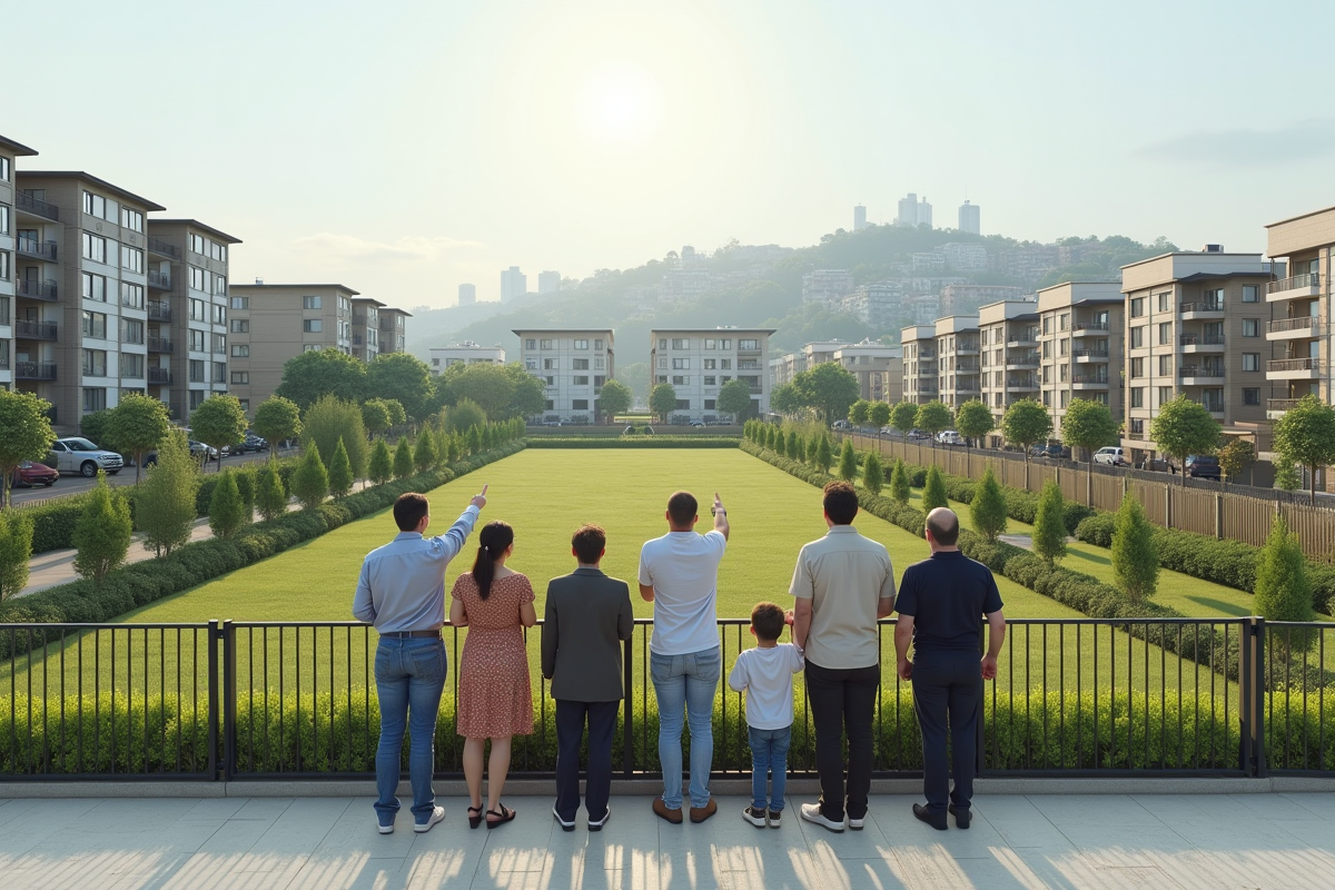 Groupe de personnes pointant sur un quartier résidentiel