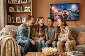 Famille réunie sur un canapé en train de regarder un film d'animation Madagascar en riant ensemble dans un salon chaleureux