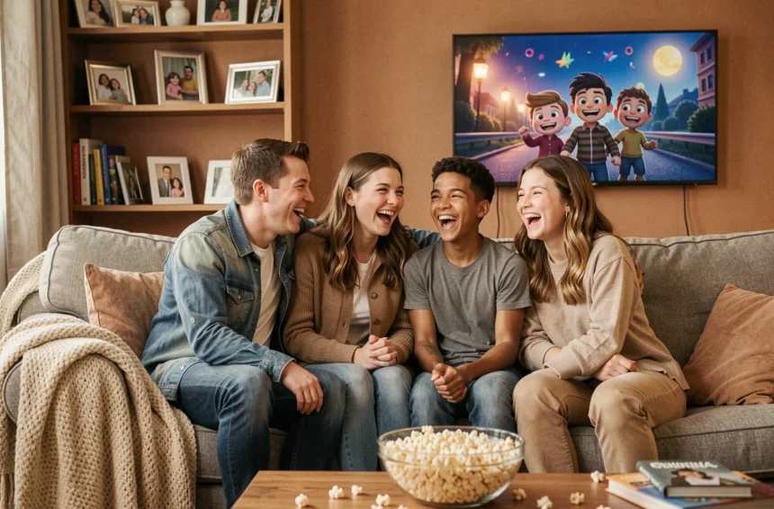 Famille réunie sur un canapé en train de regarder un film d'animation Madagascar en riant ensemble dans un salon chaleureux