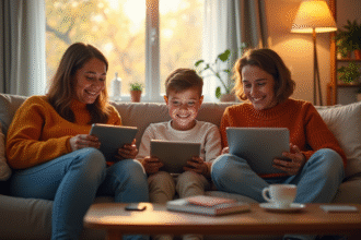 Famille moderne utilisant des appareils numériques dans un salon chaleureux