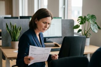 Femme d'affaires analysant une facture fournisseur à son bureau dans un open space moderne