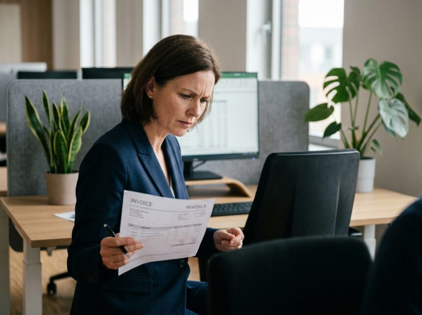 Femme d'affaires analysant une facture fournisseur à son bureau dans un open space moderne