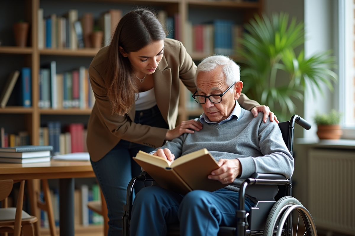 Femme aidant un homme en fauteuil à lire un livre