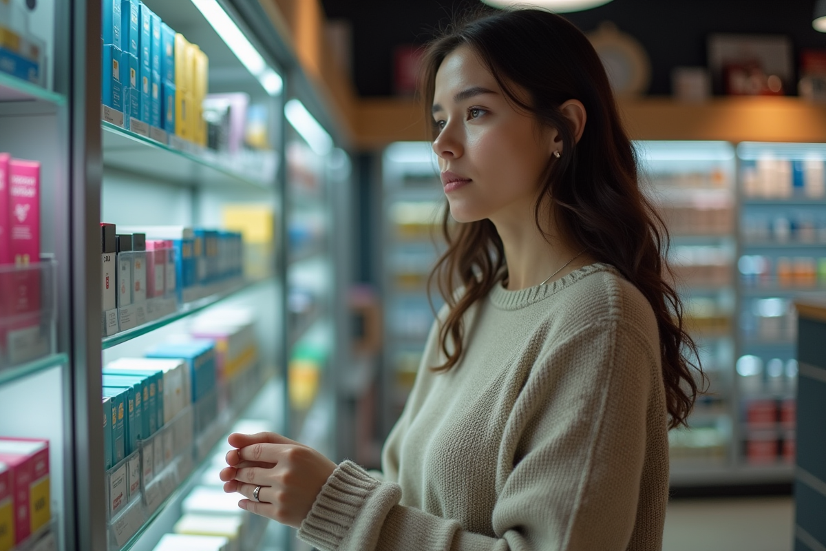 Jeune femme regardant une étiquette de prix dans une boutique d