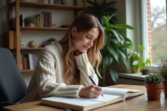 Femme assise à un bureau dans un bureau à domicile