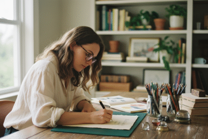 Jeune femme en bureau cosy avec stylo et papeterie