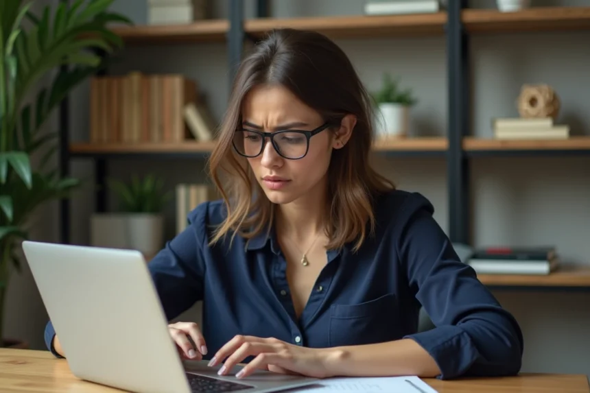 Femme travaillant sur un ordinateur au bureau avec des documents