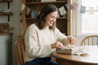 Femme souriante déballant un cadeau d'anniversaire à la maison