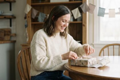 Femme souriante déballant un cadeau d'anniversaire à la maison