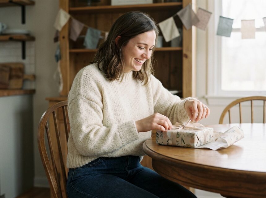 Femme souriante déballant un cadeau d'anniversaire à la maison